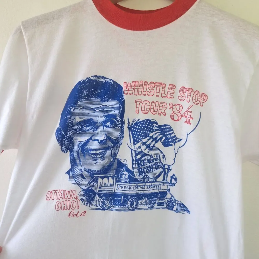 Vintage Political Campaign Ringer TShirt 1984 Reagan Bush Whistle Tour FLAW READ